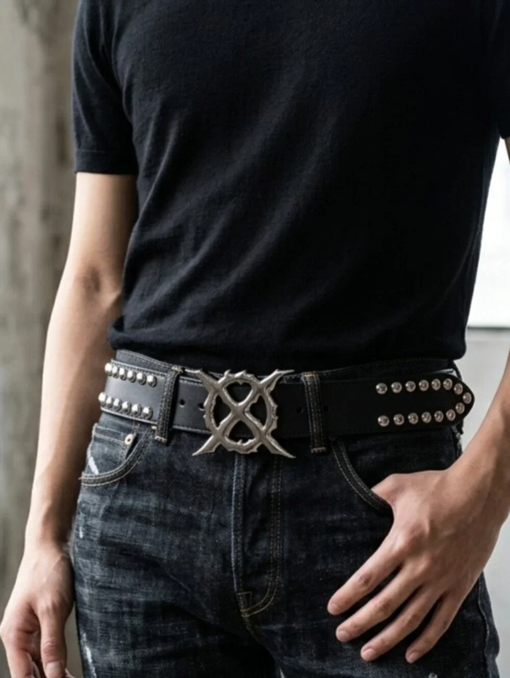Black Studded Leather Belt Double Gothic Belt Buckles 45 Inches